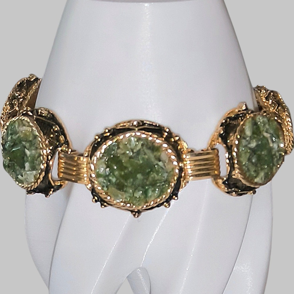 Vintage Jade Bracelet Gold Tone Asian Revival Statement Jewelry